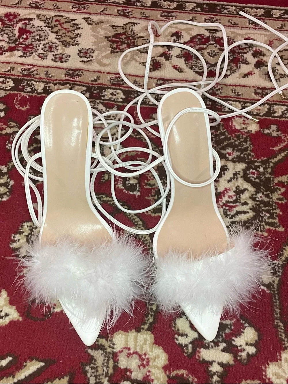 Amazon White Feather-Trim Lace-Up Pointed Toe Heels